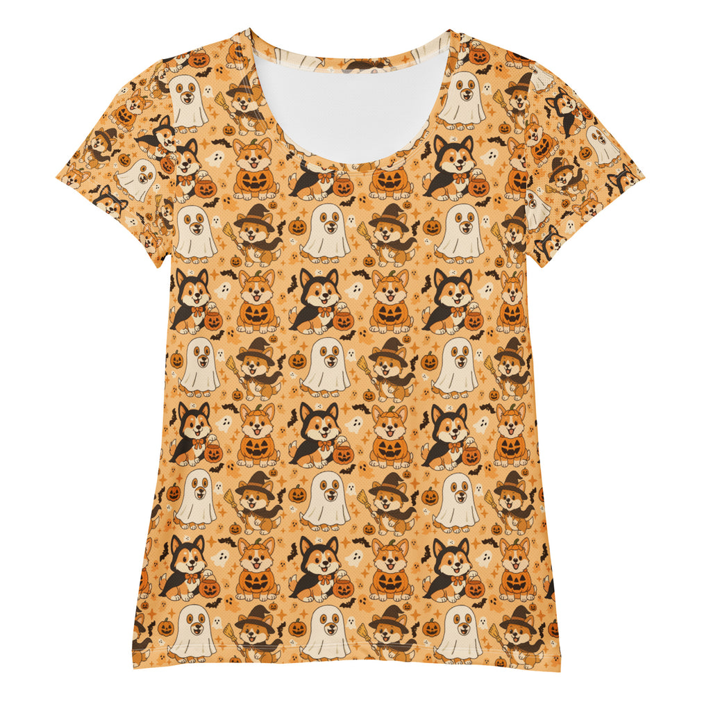 Women’s Corgi Halloween Athletic T-Shirt - Lightweight Moisture Wicking Workout Top with UPF 50+