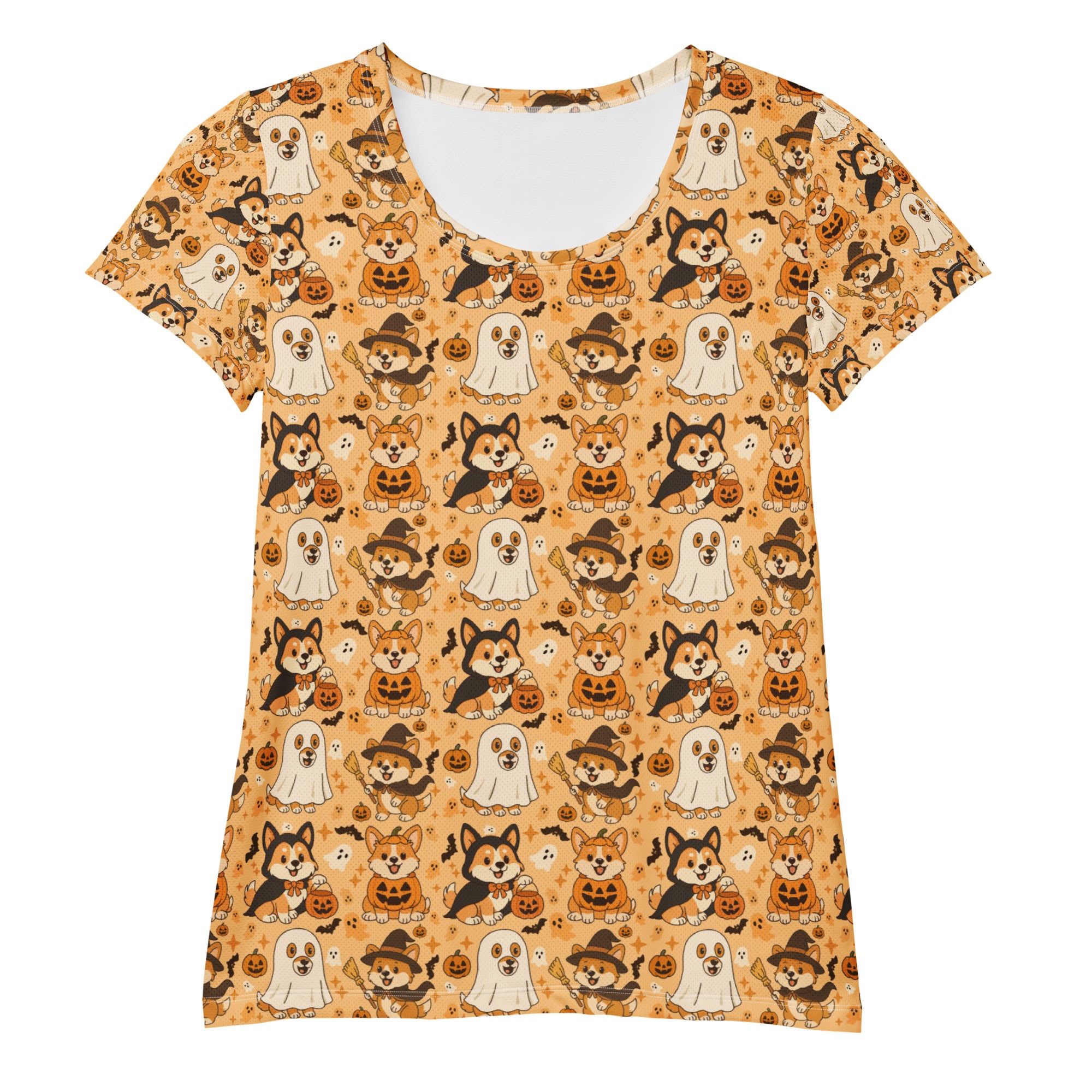 Women’s Corgi Halloween Athletic T-Shirt - Lightweight Moisture Wicking Workout Top with UPF 50+