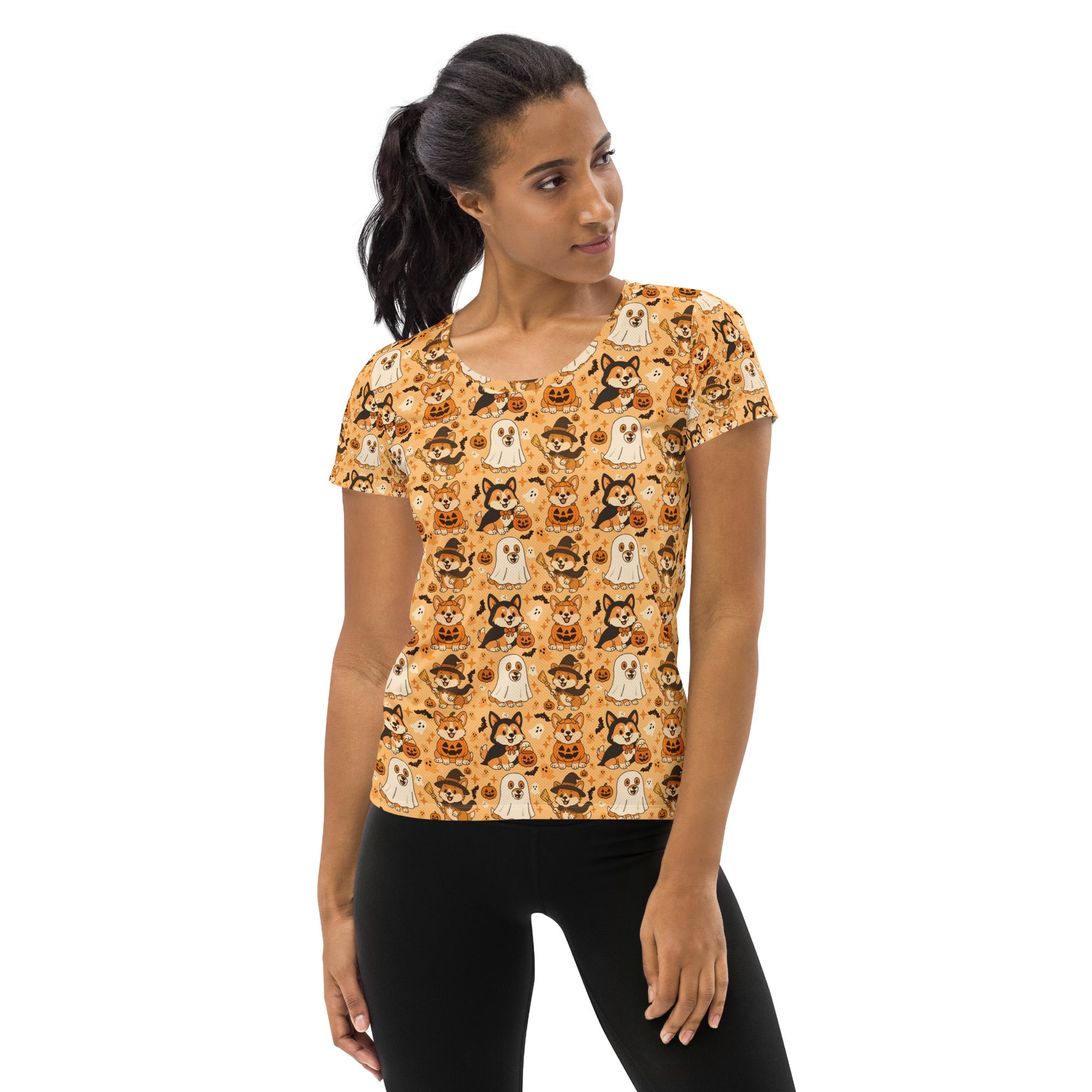 Women’s Corgi Halloween Athletic T-Shirt - Lightweight Moisture Wicking Workout Top with UPF 50+