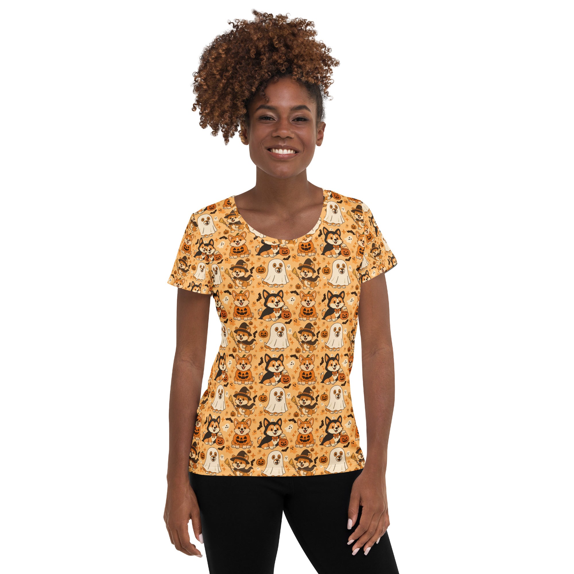 Women’s Corgi Halloween Athletic T-Shirt - Lightweight Moisture Wicking Workout Top with UPF 50+