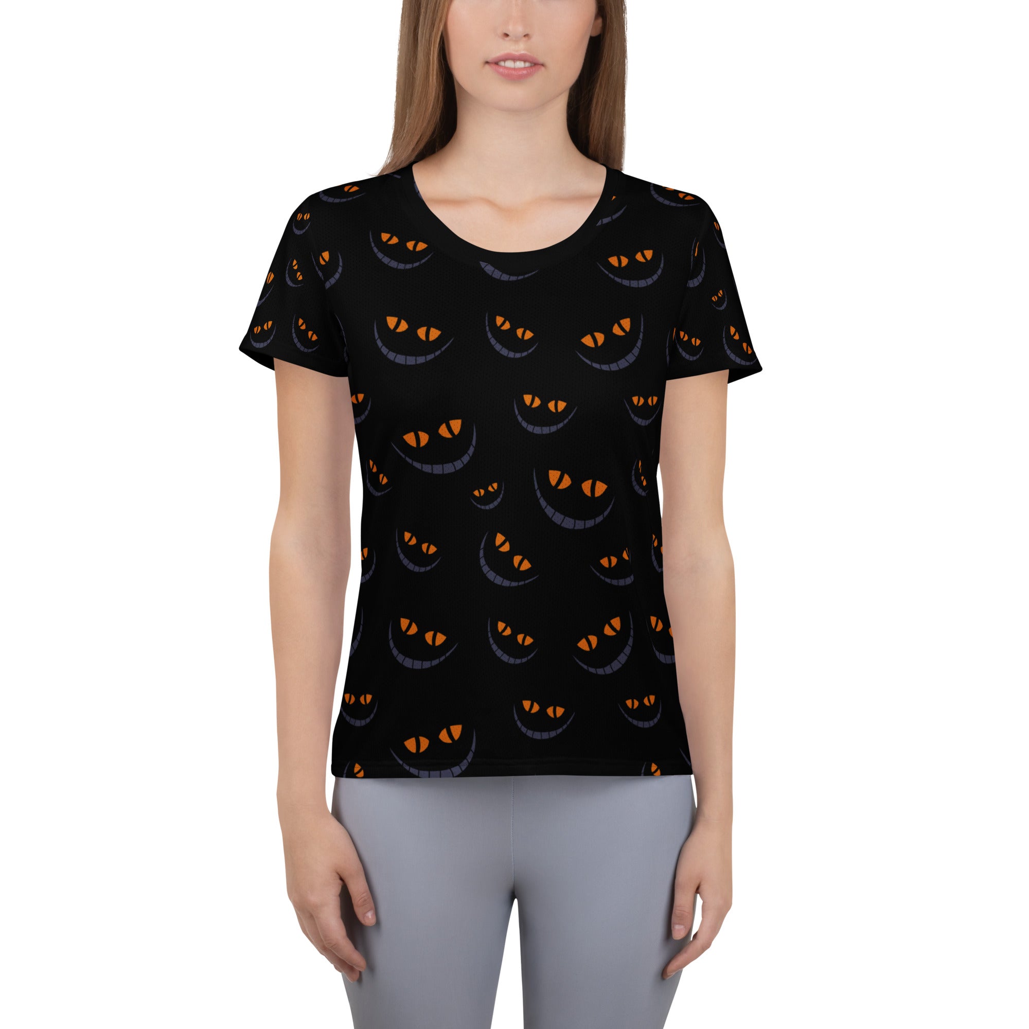 Women’s Creepy Cat Eyes Halloween Athletic T-Shirt - Lightweight Moisture Wicking Workout Top with UPF 50+