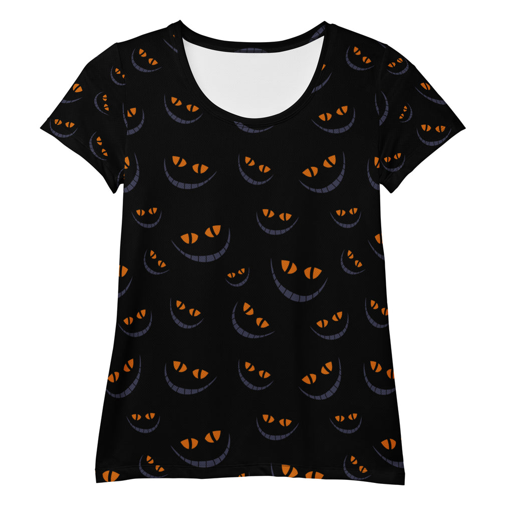 Women’s Creepy Cat Eyes Halloween Athletic T-Shirt - Lightweight Moisture Wicking Workout Top with UPF 50+