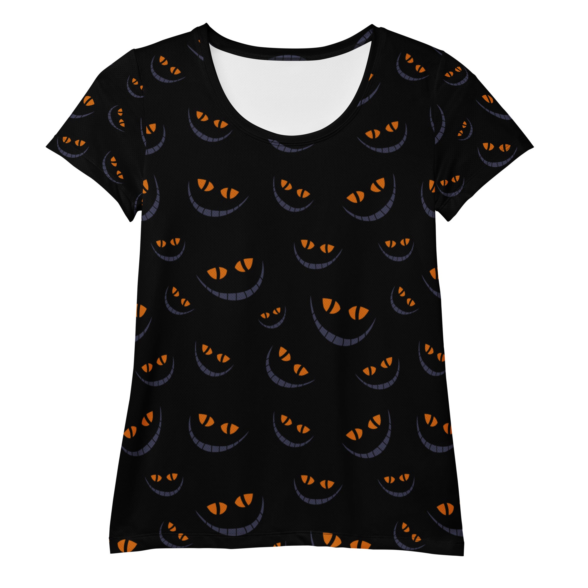 Women’s Creepy Cat Eyes Halloween Athletic T-Shirt - Lightweight Moisture Wicking Workout Top with UPF 50+
