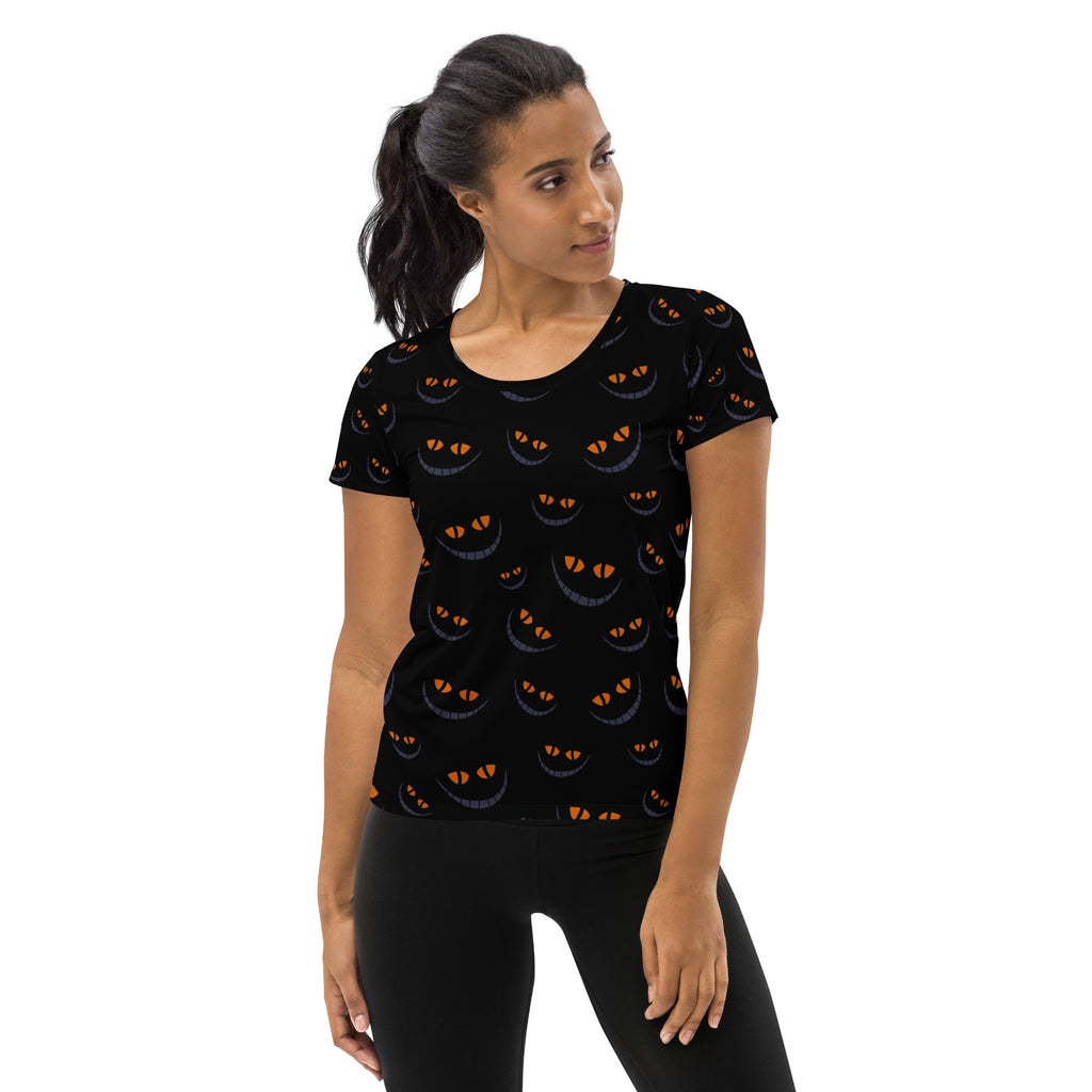 Women’s Creepy Cat Eyes Halloween Athletic T-Shirt - Lightweight Moisture Wicking Workout Top with UPF 50+