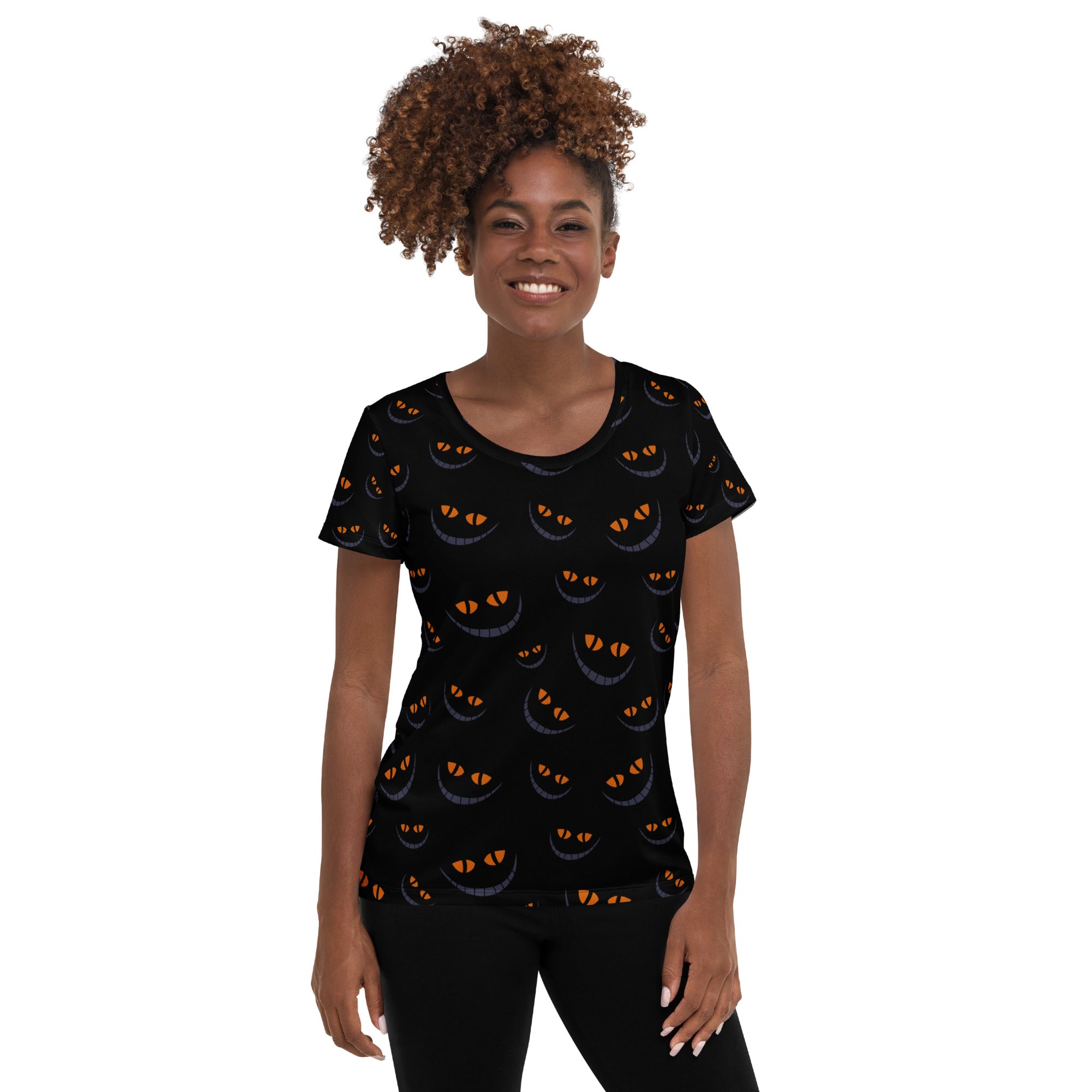 Women’s Creepy Cat Eyes Halloween Athletic T-Shirt - Lightweight Moisture Wicking Workout Top with UPF 50+