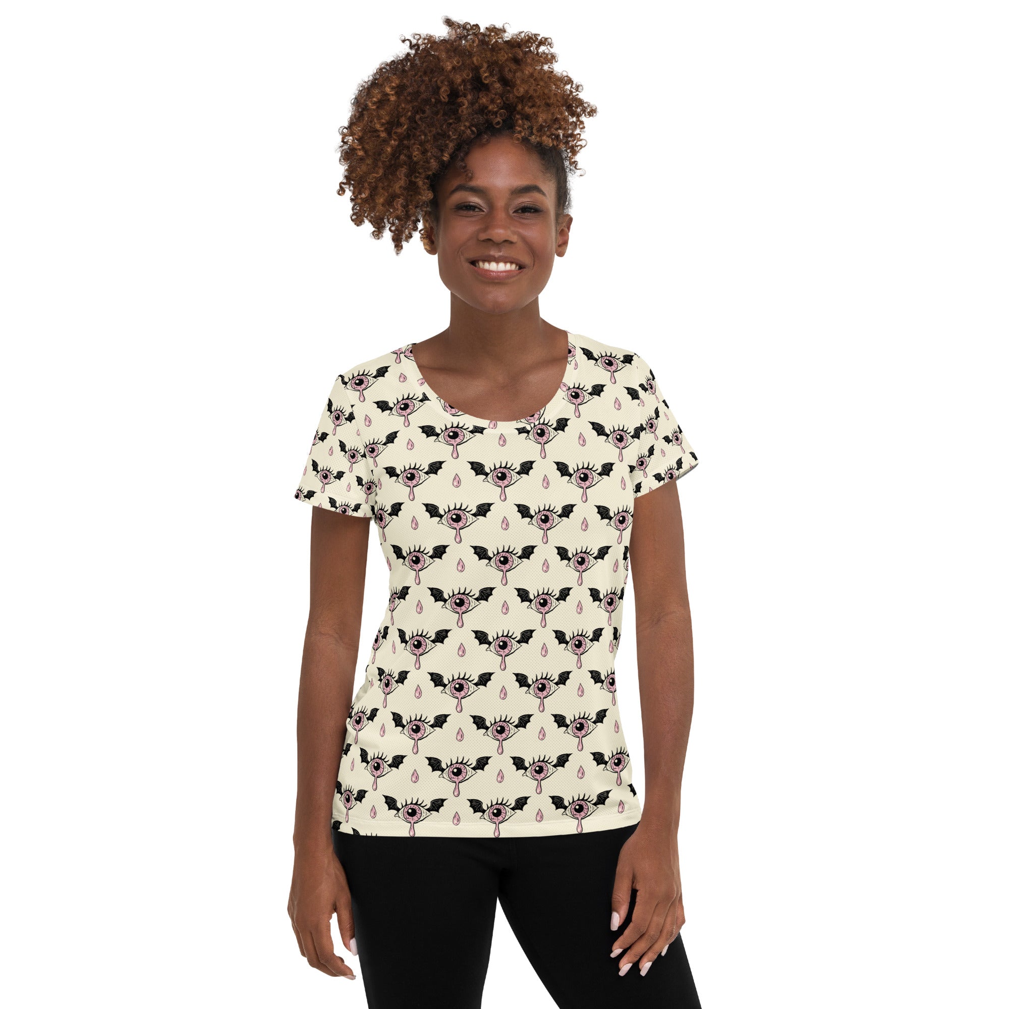 Women’s Creepy Eyeball Halloween Athletic T-Shirt - Lightweight Moisture Wicking Workout Top with UPF 50+
