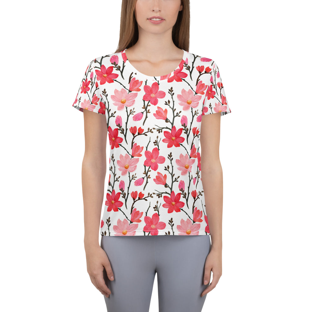 Women’s Pink Cherry Blossom Athletic T-Shirt - Lightweight Moisture Wicking Workout Top with UPF 50+