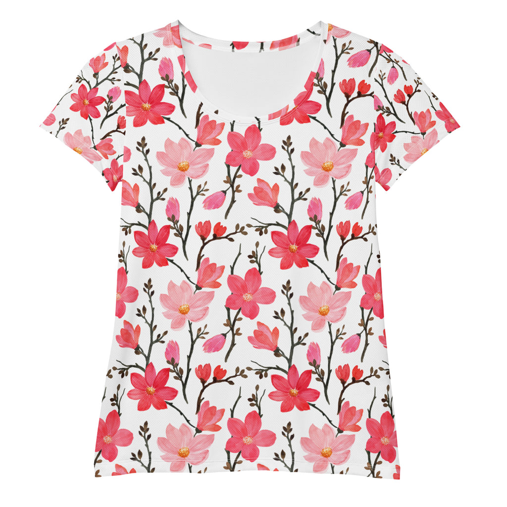Women’s Pink Cherry Blossom Athletic T-Shirt - Lightweight Moisture Wicking Workout Top with UPF 50+
