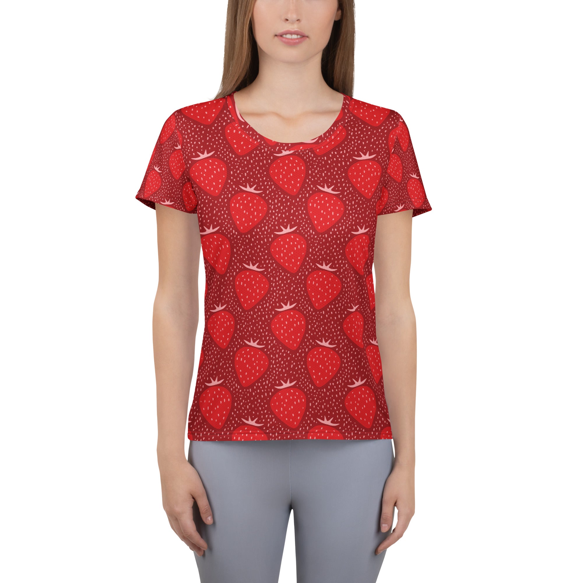 Women’s Red Strawberry Athletic T-Shirt - Lightweight Moisture Wicking Workout Top with UPF 50+