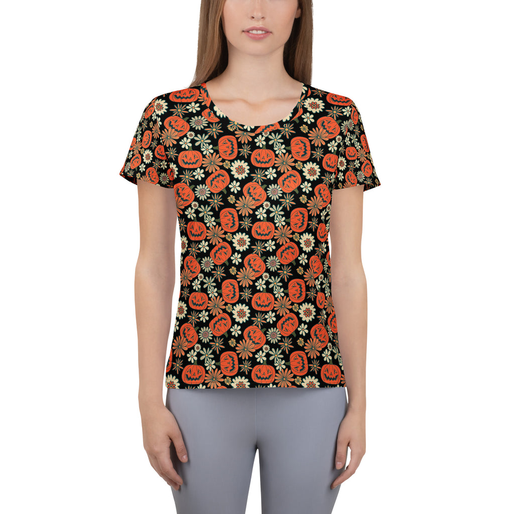 Women’s Retro Floral Pumpkin Halloween Athletic T-Shirt - Lightweight Moisture Wicking Workout Top With UPF 50+