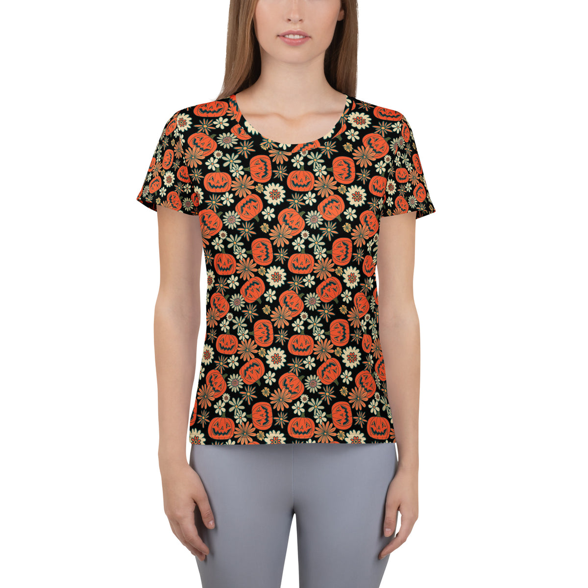 Women’s Retro Floral Pumpkin Halloween Athletic T-Shirt - Lightweight Moisture Wicking Workout Top With UPF 50+
