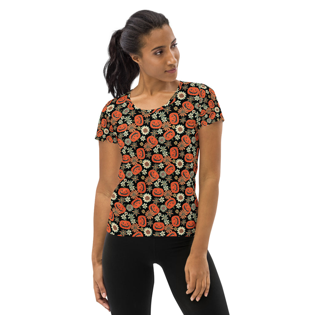 Women’s Retro Floral Pumpkin Halloween Athletic T-Shirt - Lightweight Moisture Wicking Workout Top With UPF 50+