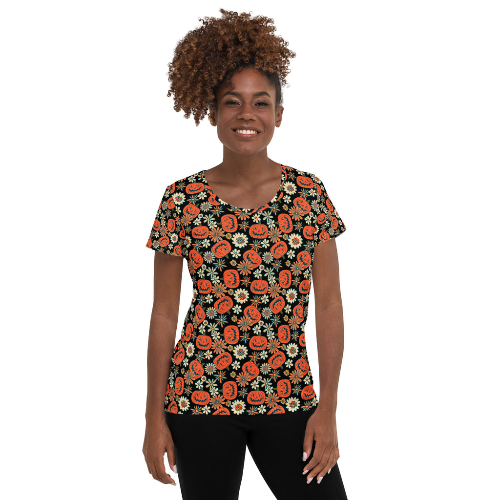 Women’s Retro Floral Pumpkin Halloween Athletic T-Shirt - Lightweight Moisture Wicking Workout Top With UPF 50+