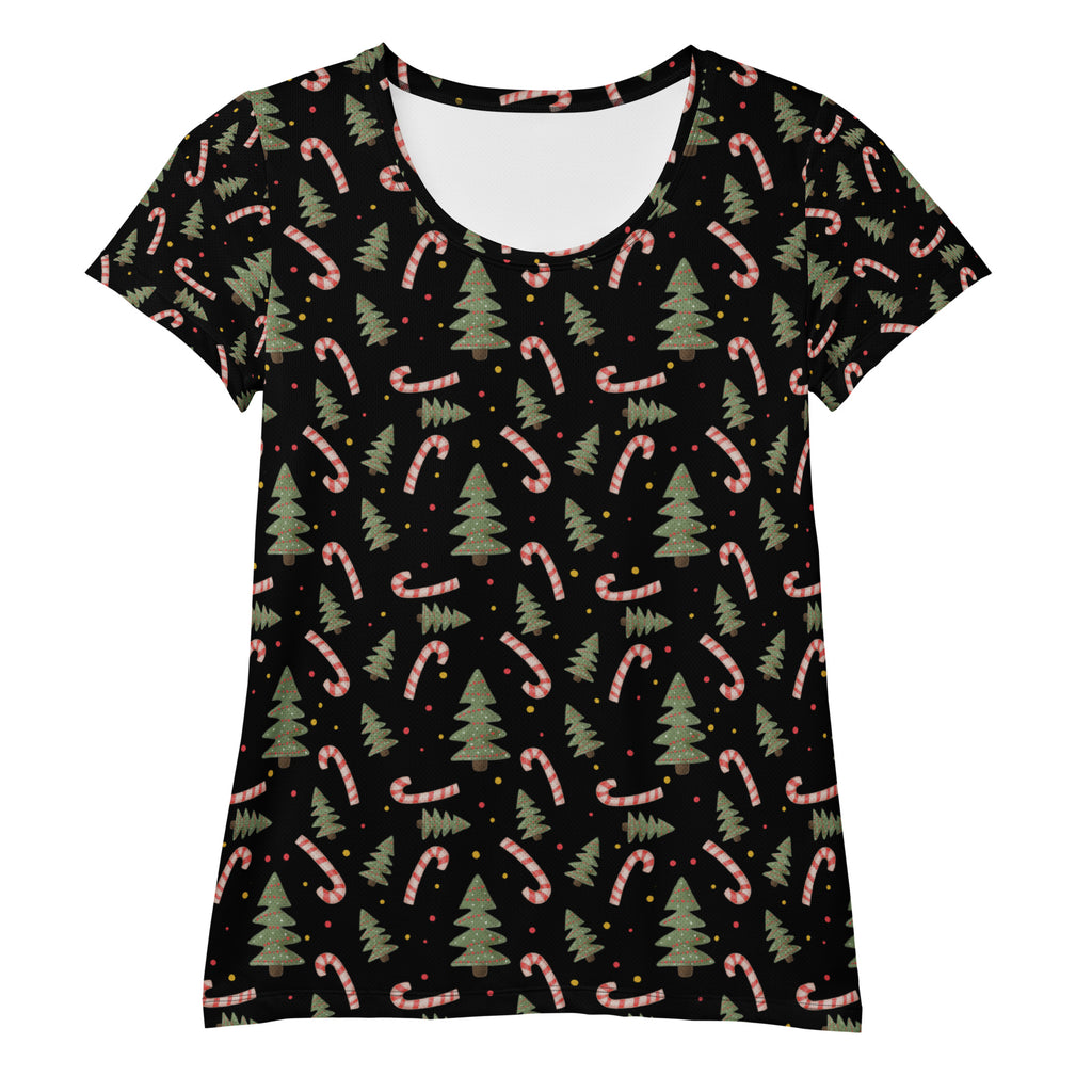 Women’s Christmas Tree & Candy Cane Athletic T-Shirt - Lightweight Moisture Wicking Workout Top with UPF 50+