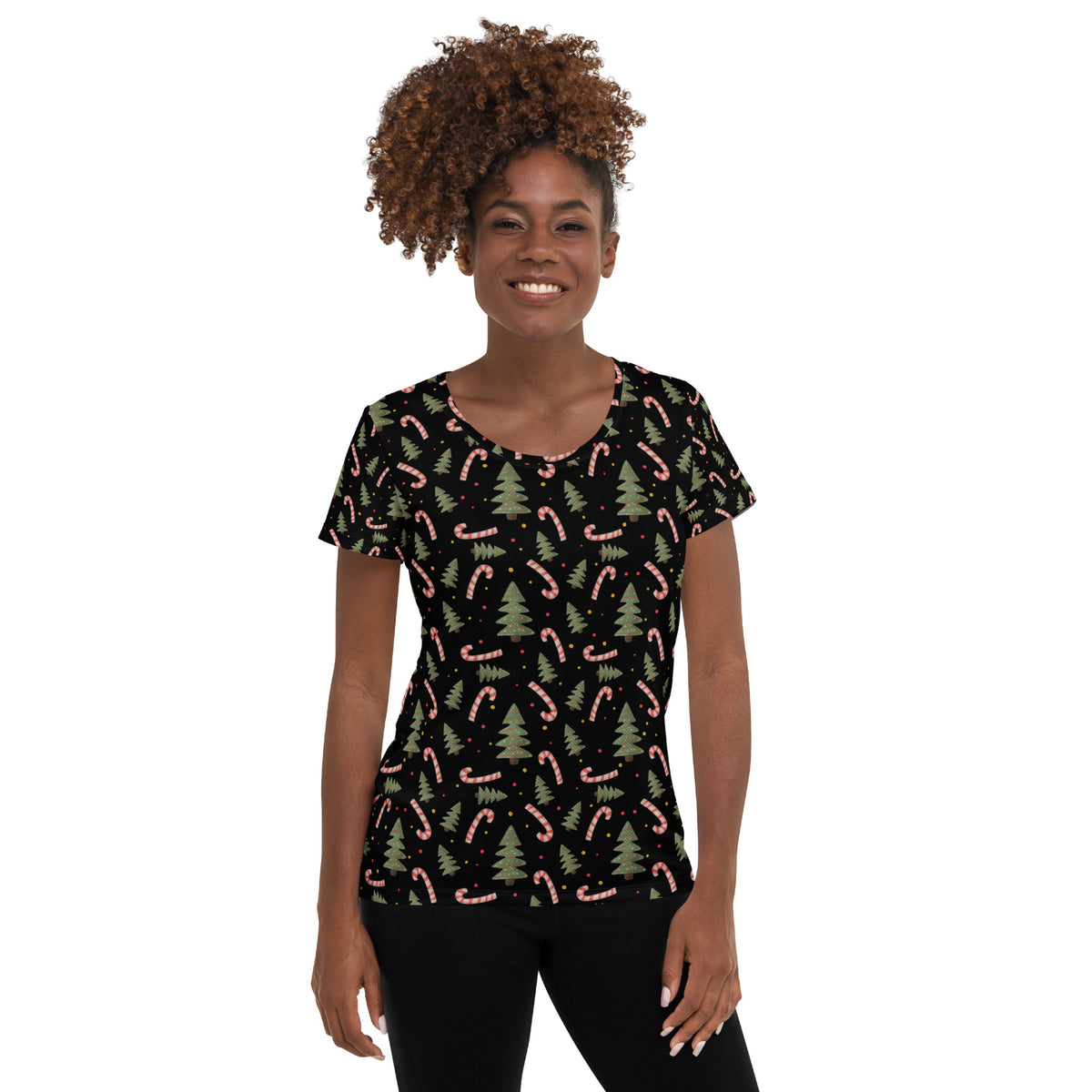 Women’s Christmas Tree & Candy Cane Athletic T-Shirt - Lightweight Moisture Wicking Workout Top with UPF 50+