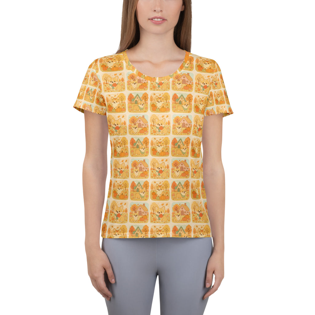 Women’s Autumn Corgi Athletic T-Shirt - Lightweight Moisture Wicking Workout Top with UPF 50+