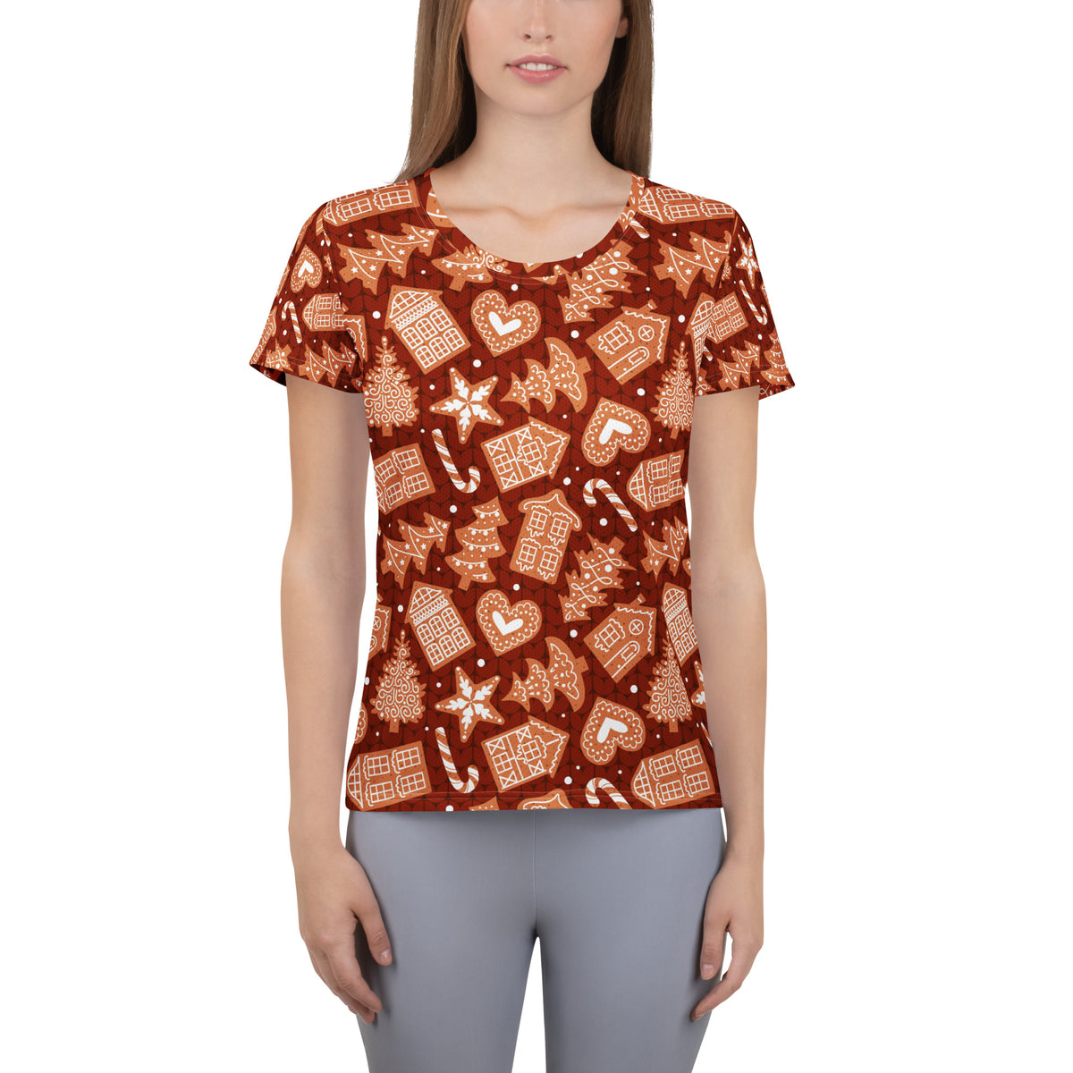 Women’s Red Gingerbread Christmas Athletic T-Shirt - Lightweight Moisture Wicking Workout Top with UPF 50+