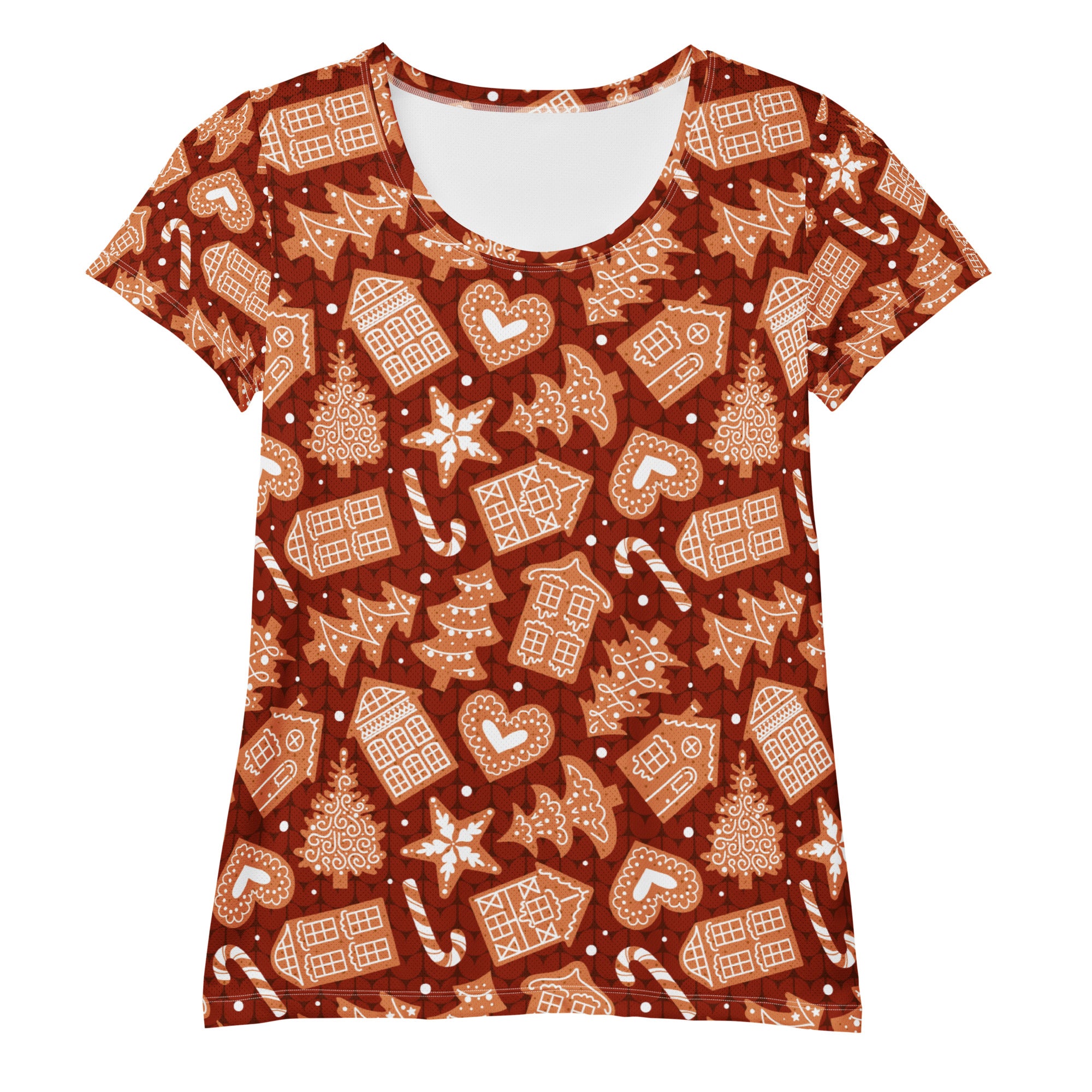 Women’s Red Gingerbread Christmas Athletic T-Shirt - Lightweight Moisture Wicking Workout Top with UPF 50+