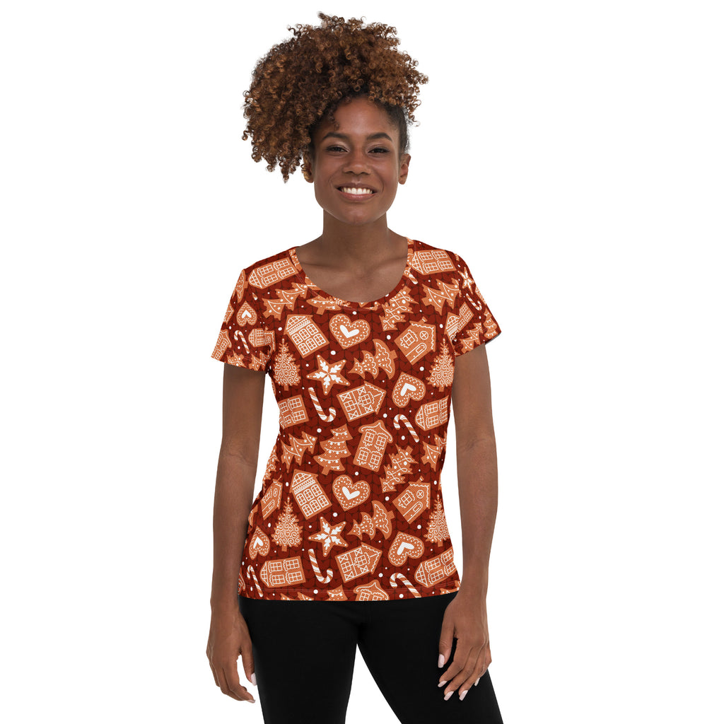 Women’s Red Gingerbread Christmas Athletic T-Shirt - Lightweight Moisture Wicking Workout Top with UPF 50+