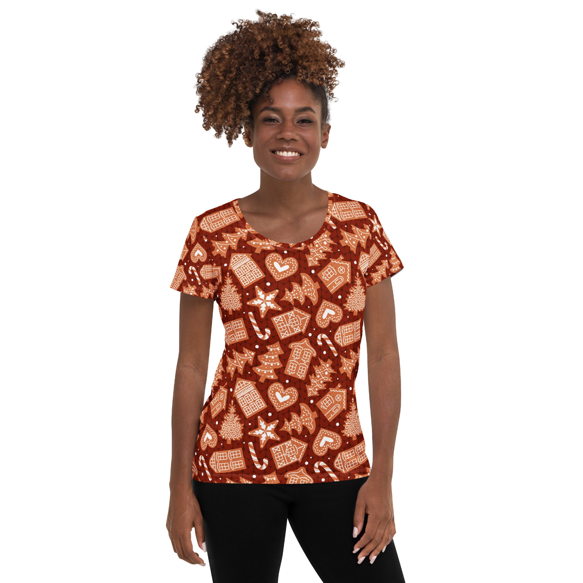 Women’s Red Gingerbread Christmas Athletic T-Shirt - Lightweight Moisture Wicking Workout Top with UPF 50+