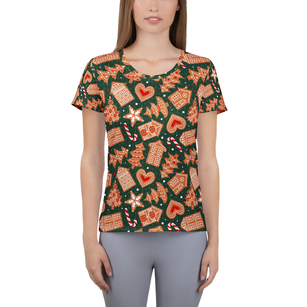 Women’s Green Gingerbread Christmas Athletic T-Shirt - Lightweight Moisture Wicking Workout Top with UPF 50+