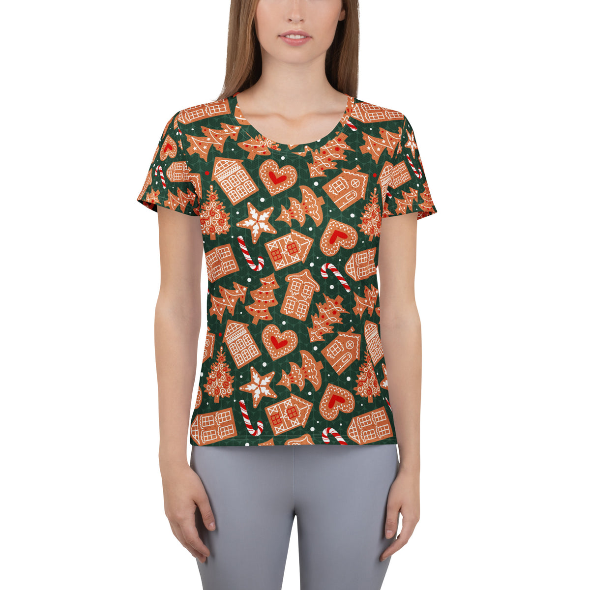 Women’s Green Gingerbread Christmas Athletic T-Shirt - Lightweight Moisture Wicking Workout Top with UPF 50+