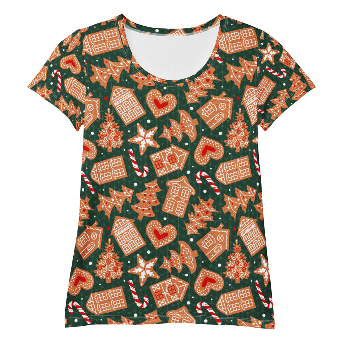 Women’s Green Gingerbread Christmas Athletic T-Shirt - Lightweight Moisture Wicking Workout Top with UPF 50+
