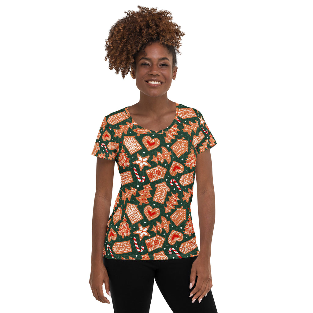 Women’s Green Gingerbread Christmas Athletic T-Shirt - Lightweight Moisture Wicking Workout Top with UPF 50+