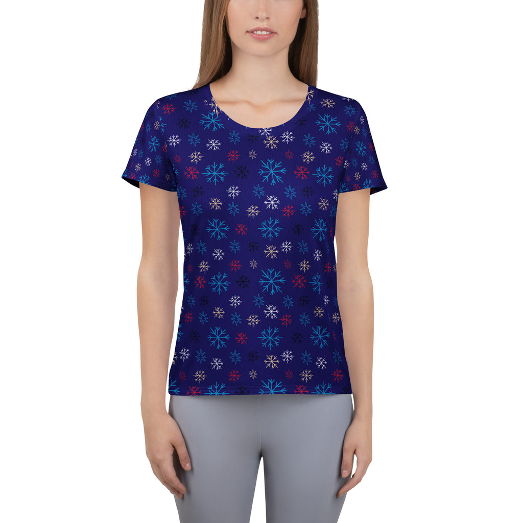 Women’s Blue Snowflake Christmas Athletic T-Shirt - Lightweight Moisture Wicking Workout Top with UPF 50+