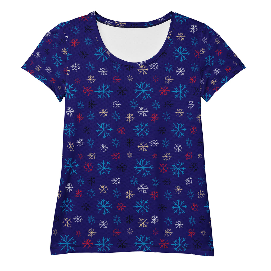 Women’s Blue Snowflake Christmas Athletic T-Shirt - Lightweight Moisture Wicking Workout Top with UPF 50+