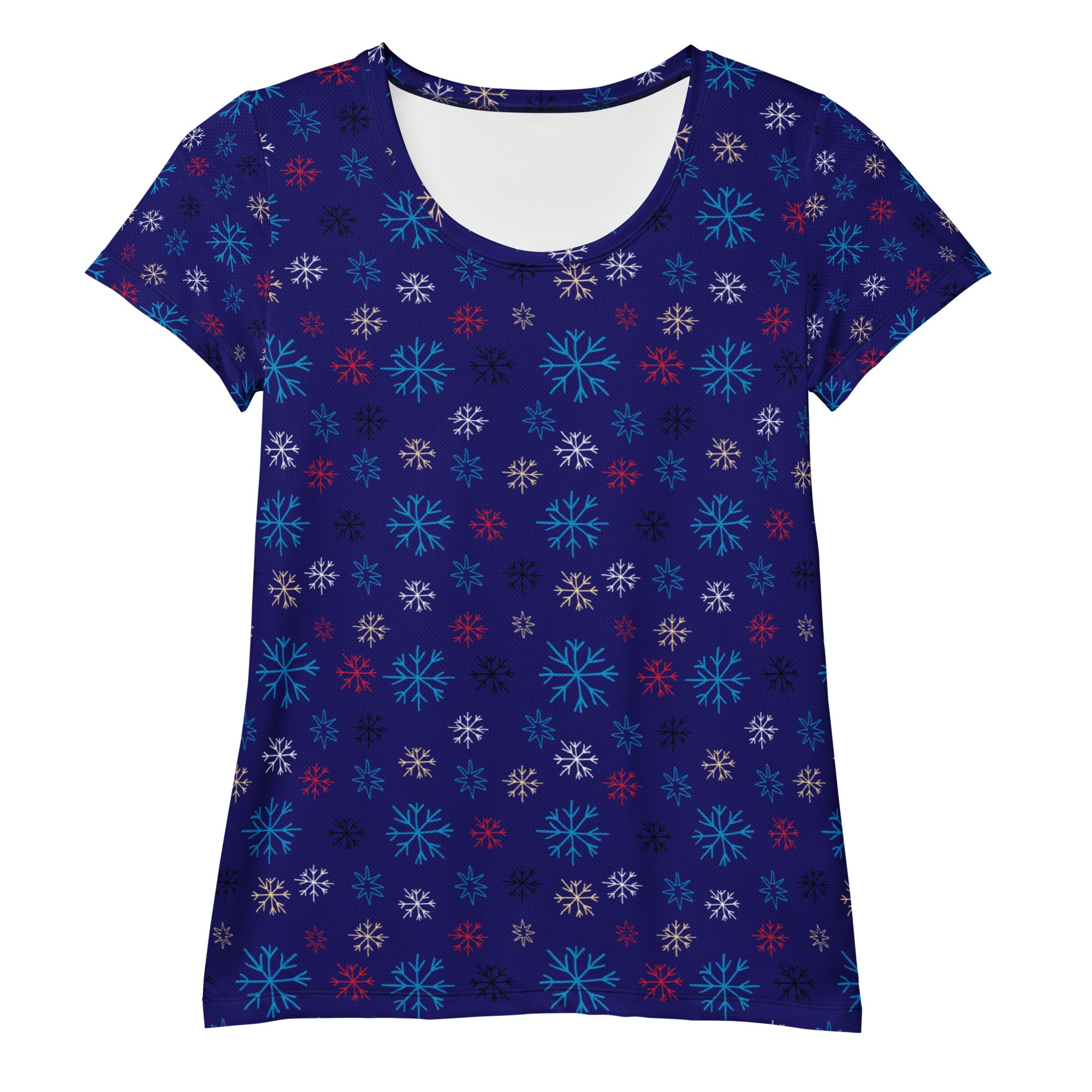 Women’s Blue Snowflake Christmas Athletic T-Shirt - Lightweight Moisture Wicking Workout Top with UPF 50+