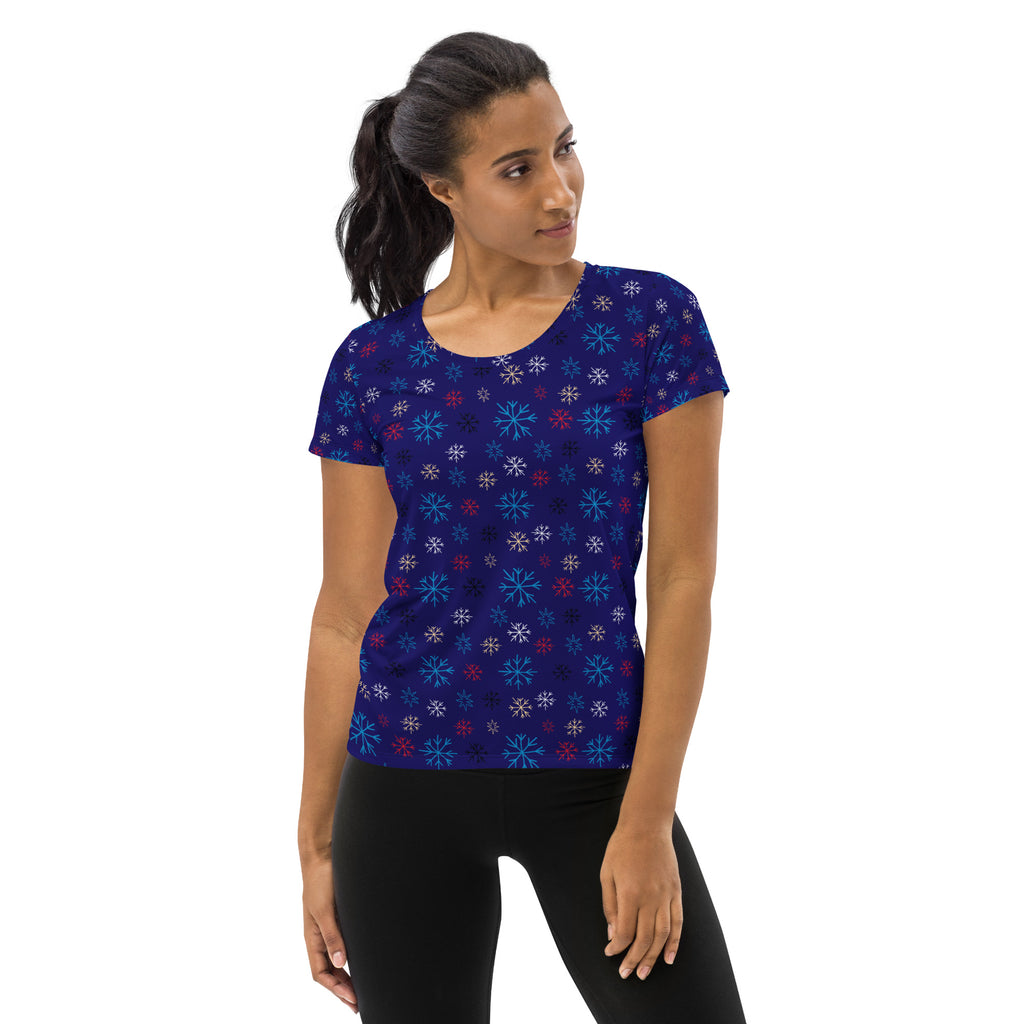 Women’s Blue Snowflake Christmas Athletic T-Shirt - Lightweight Moisture Wicking Workout Top with UPF 50+