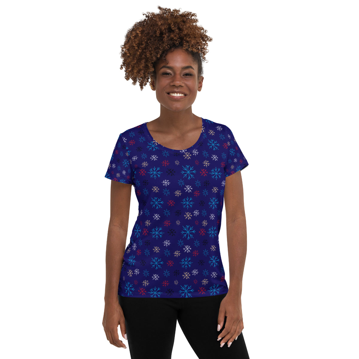 Women’s Blue Snowflake Christmas Athletic T-Shirt - Lightweight Moisture Wicking Workout Top with UPF 50+