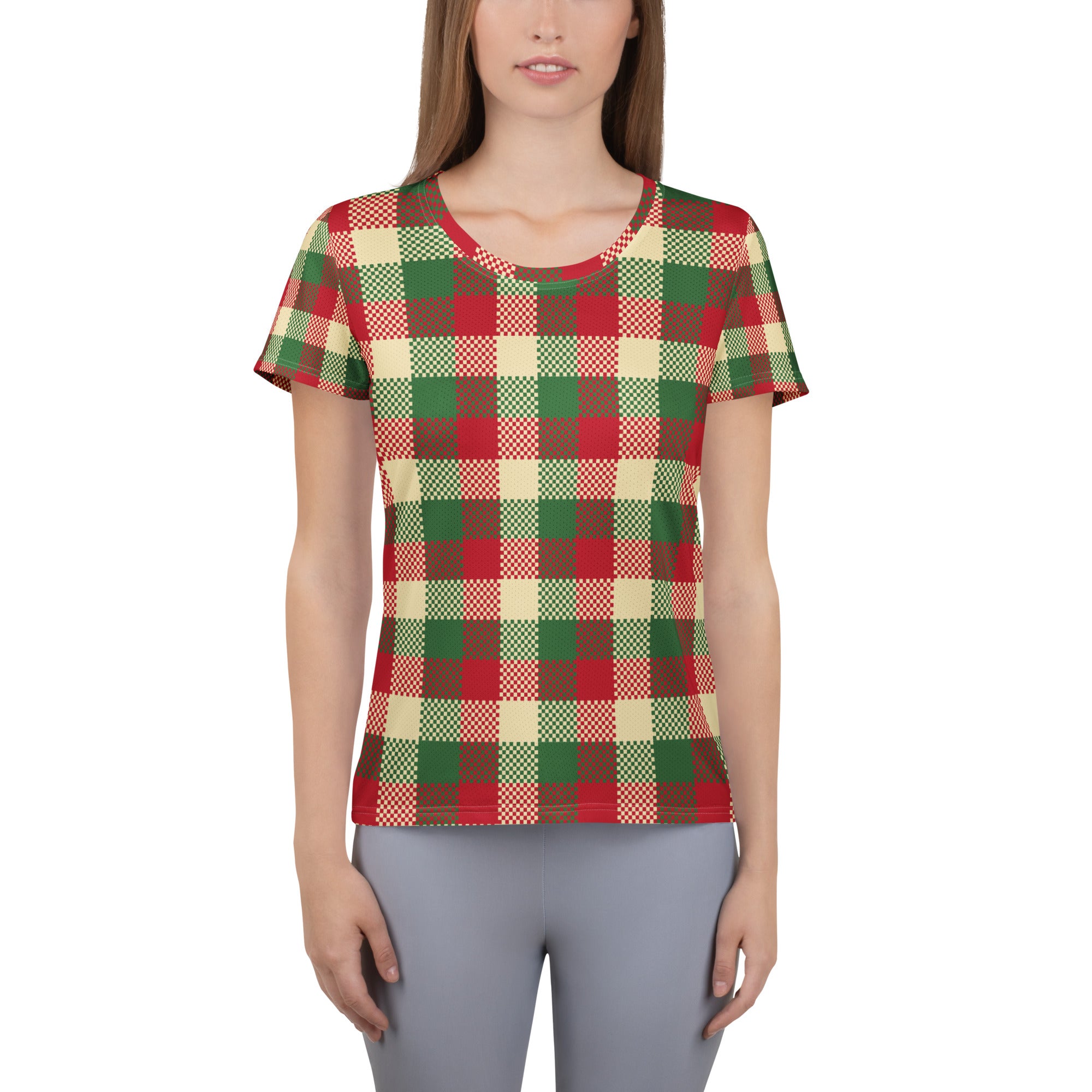 Women’s Red & Green Christmas Plaid Athletic T-Shirt - Lightweight Moisture Wicking Workout Top with UPF 50+