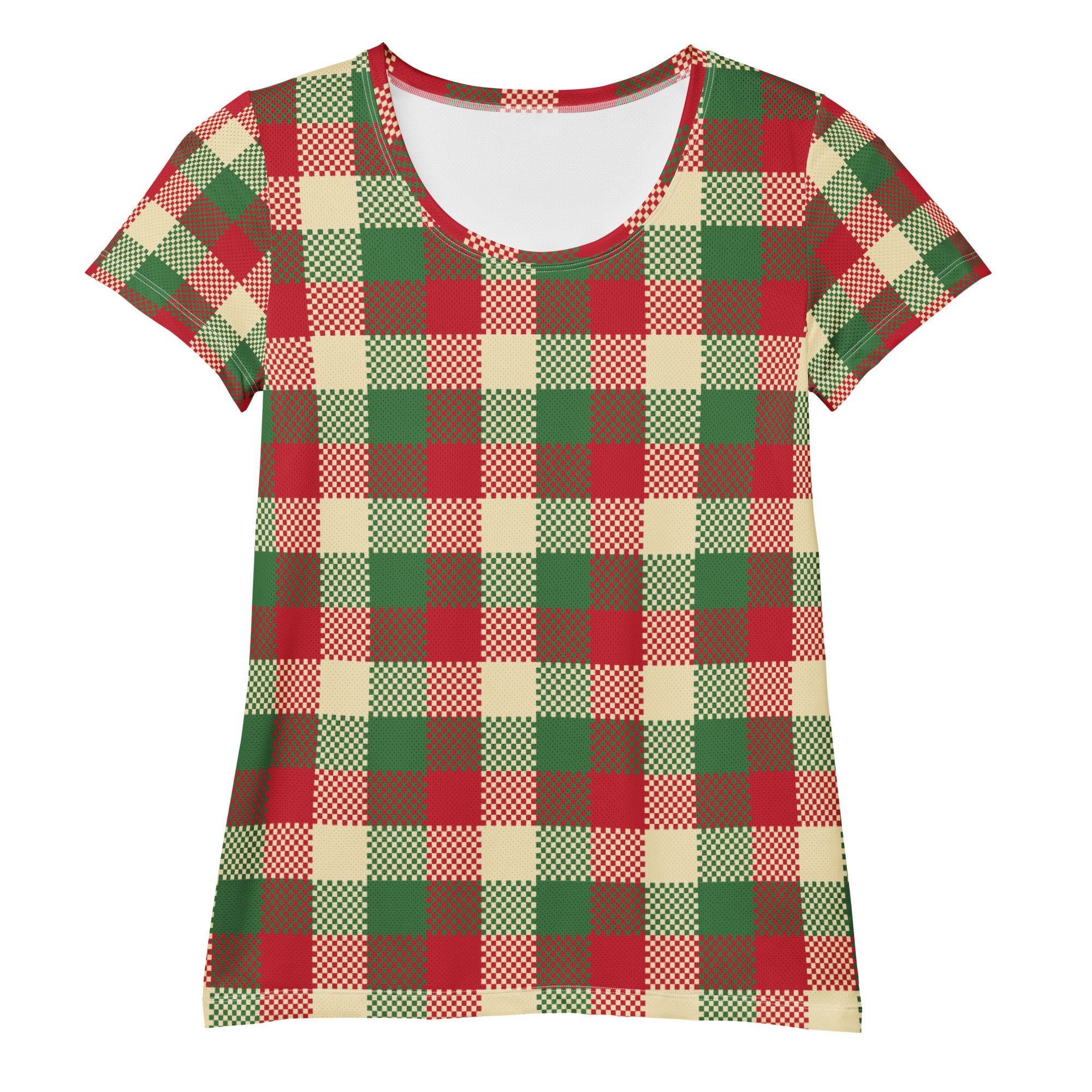 Women’s Red & Green Christmas Plaid Athletic T-Shirt - Lightweight Moisture Wicking Workout Top with UPF 50+