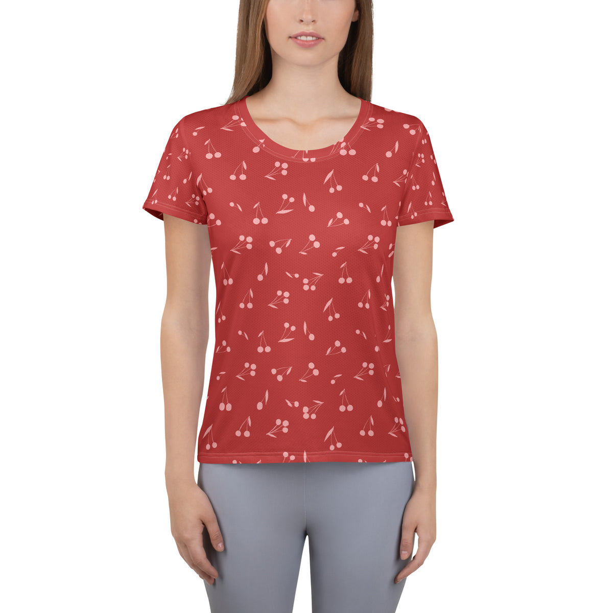 Women’s Red Cherry Athletic T-Shirt - Lightweight Moisture Wicking Workout Top With UPF 50+