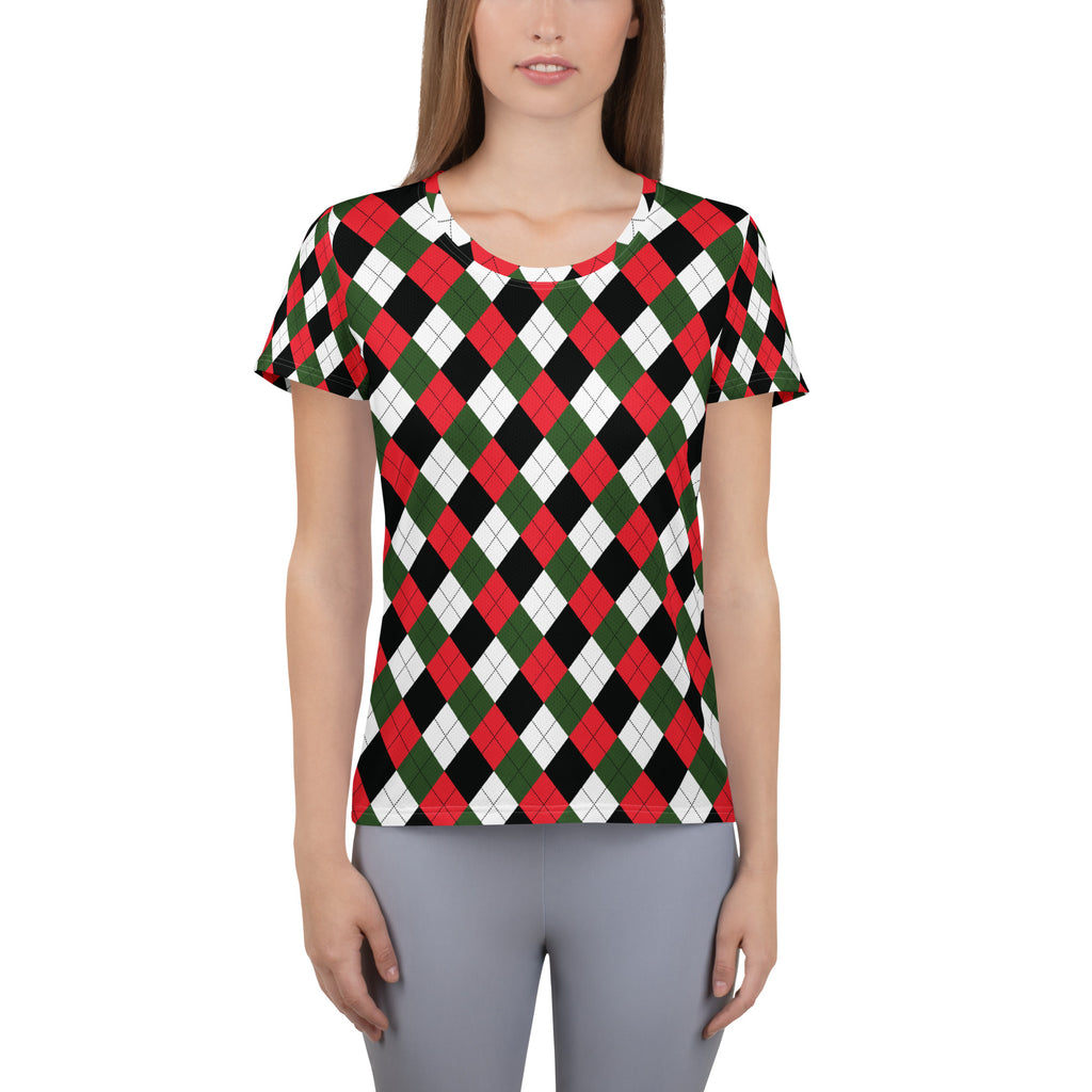 Women’s Christmas Argyle Athletic T-Shirt - Lightweight Moisture Wicking Workout Top With UPF 50+