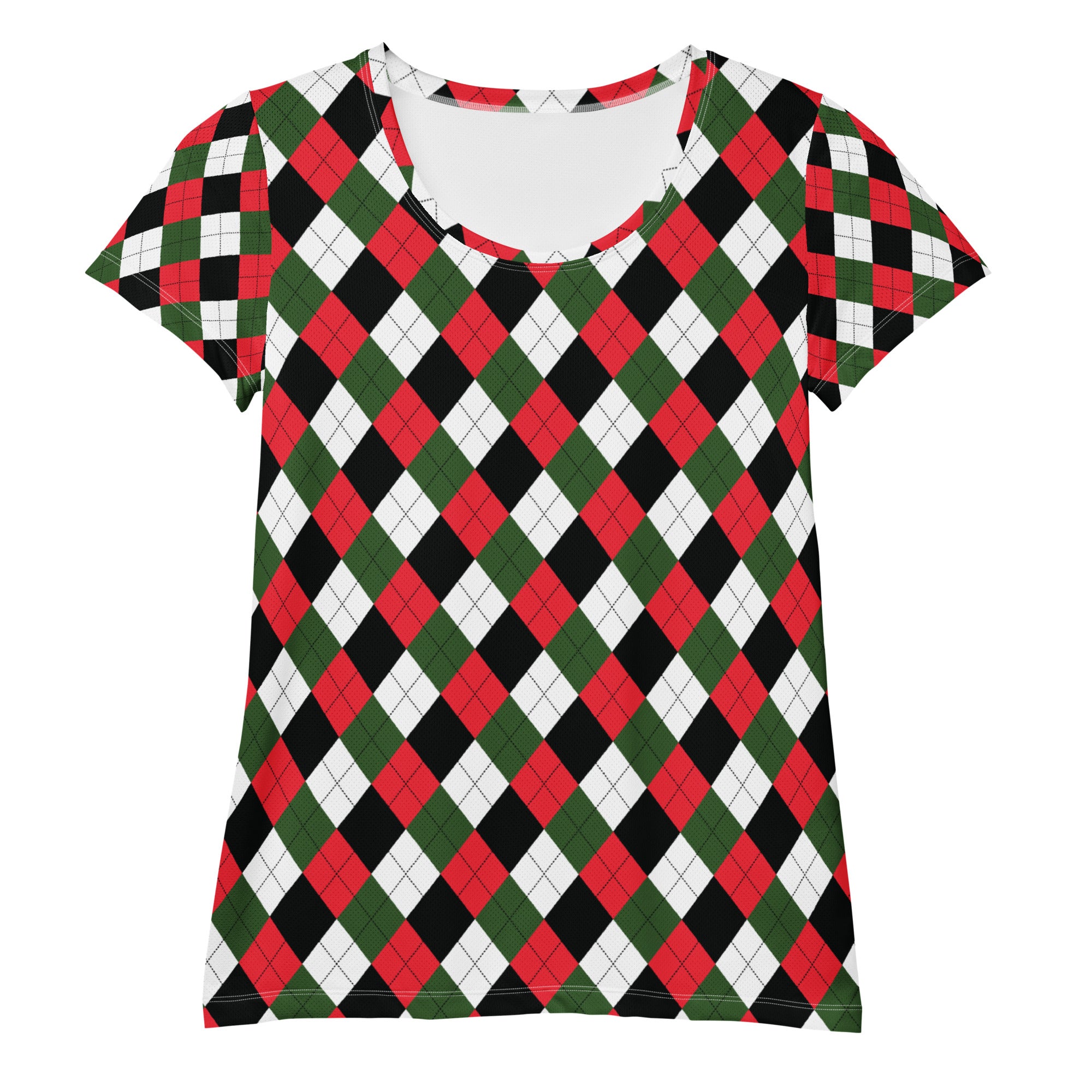 Women’s Christmas Argyle Athletic T-Shirt - Lightweight Moisture Wicking Workout Top With UPF 50+