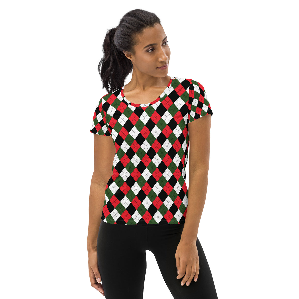 Women’s Christmas Argyle Athletic T-Shirt - Lightweight Moisture Wicking Workout Top With UPF 50+