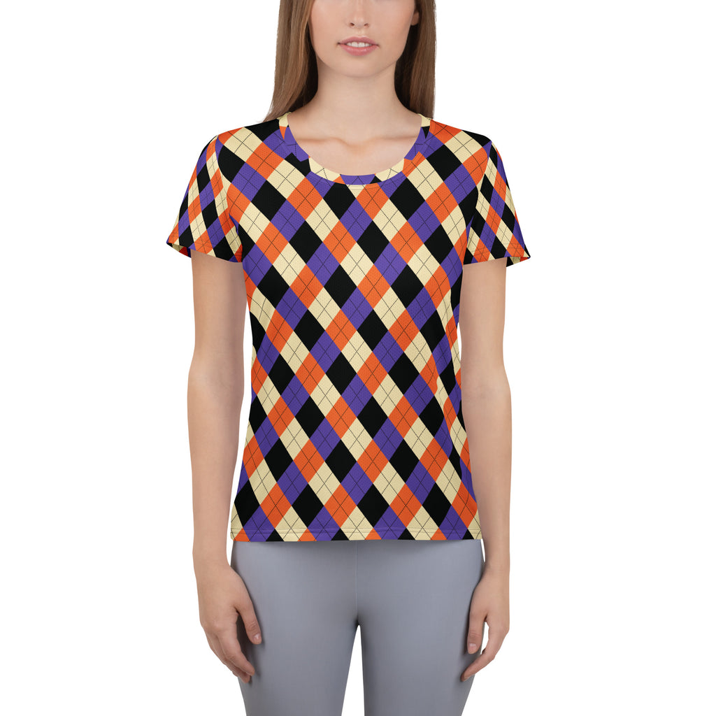 Women’s Halloween Argyle Athletic T-Shirt - Lightweight Moisture Wicking Workout Top With UPF 50+
