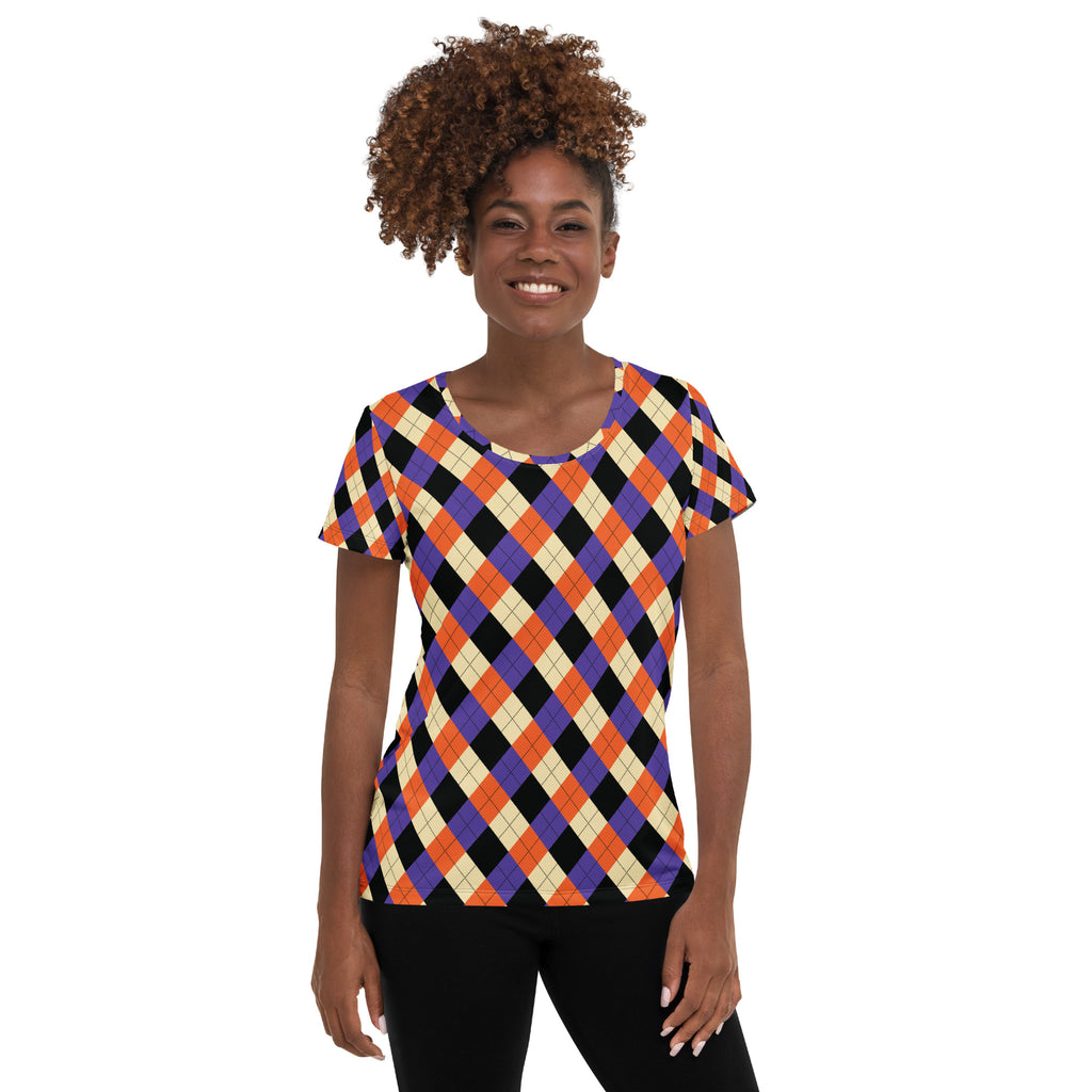 Women’s Halloween Argyle Athletic T-Shirt - Lightweight Moisture Wicking Workout Top With UPF 50+