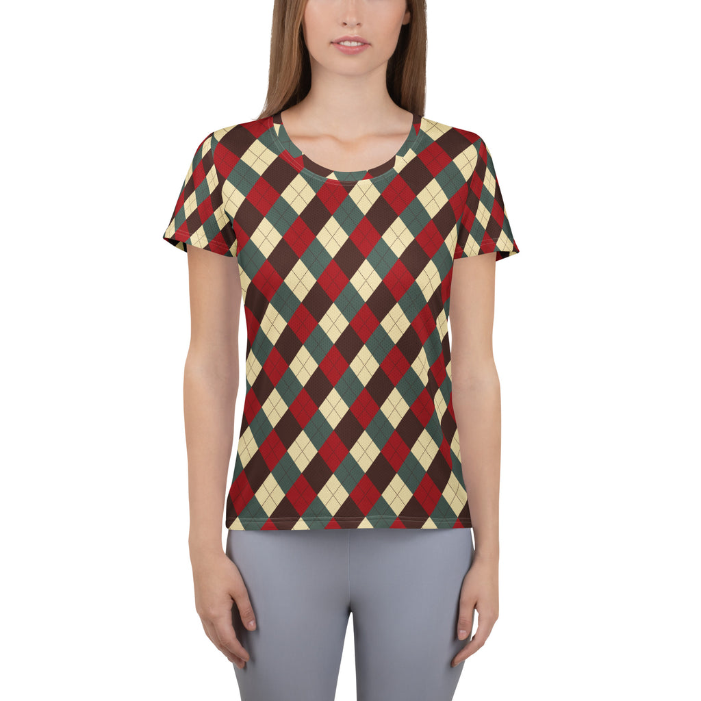 Women’s Vintage Christmas Argyle Athletic T-Shirt - Lightweight Moisture Wicking Workout Top With UPF 50+