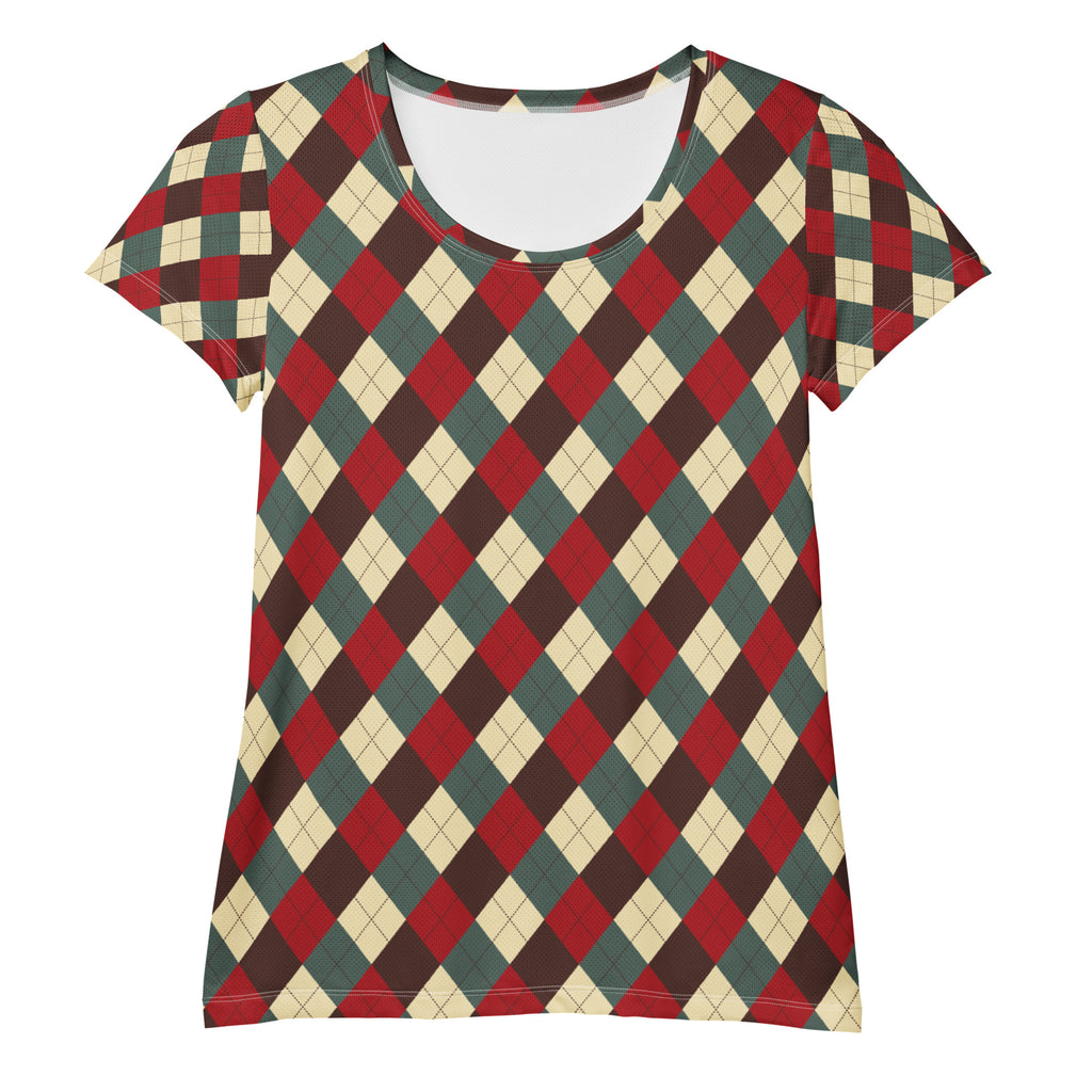 Women’s Vintage Christmas Argyle Athletic T-Shirt - Lightweight Moisture Wicking Workout Top With UPF 50+