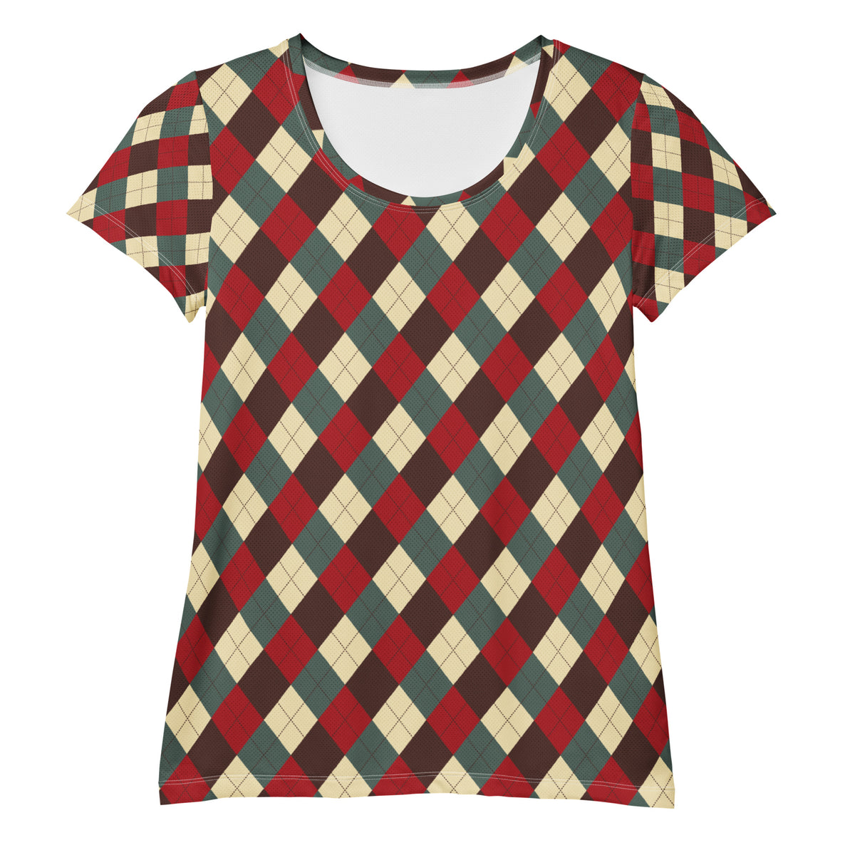 Women’s Vintage Christmas Argyle Athletic T-Shirt - Lightweight Moisture Wicking Workout Top With UPF 50+