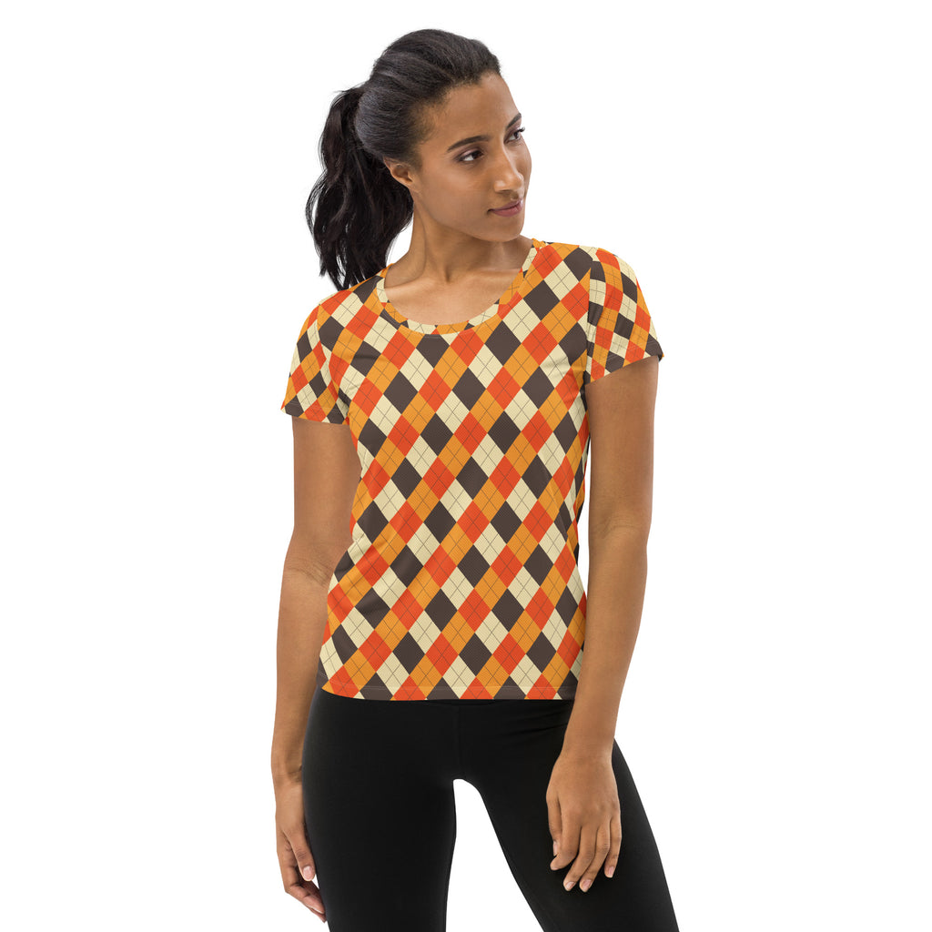 Women’s Fall Argyle Athletic T-Shirt - Lightweight Moisture Wicking Workout Top With UPF 50+