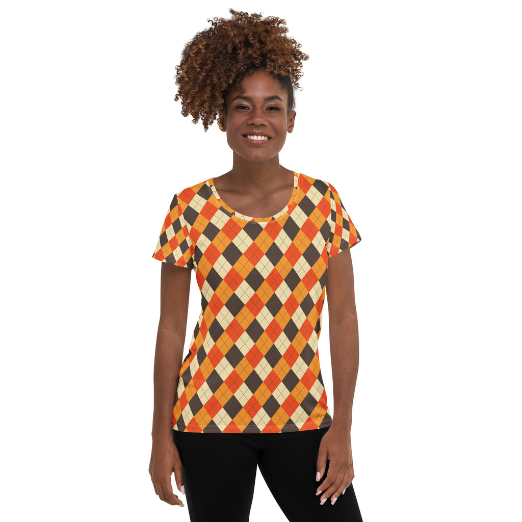 Women’s Fall Argyle Athletic T-Shirt - Lightweight Moisture Wicking Workout Top With UPF 50+