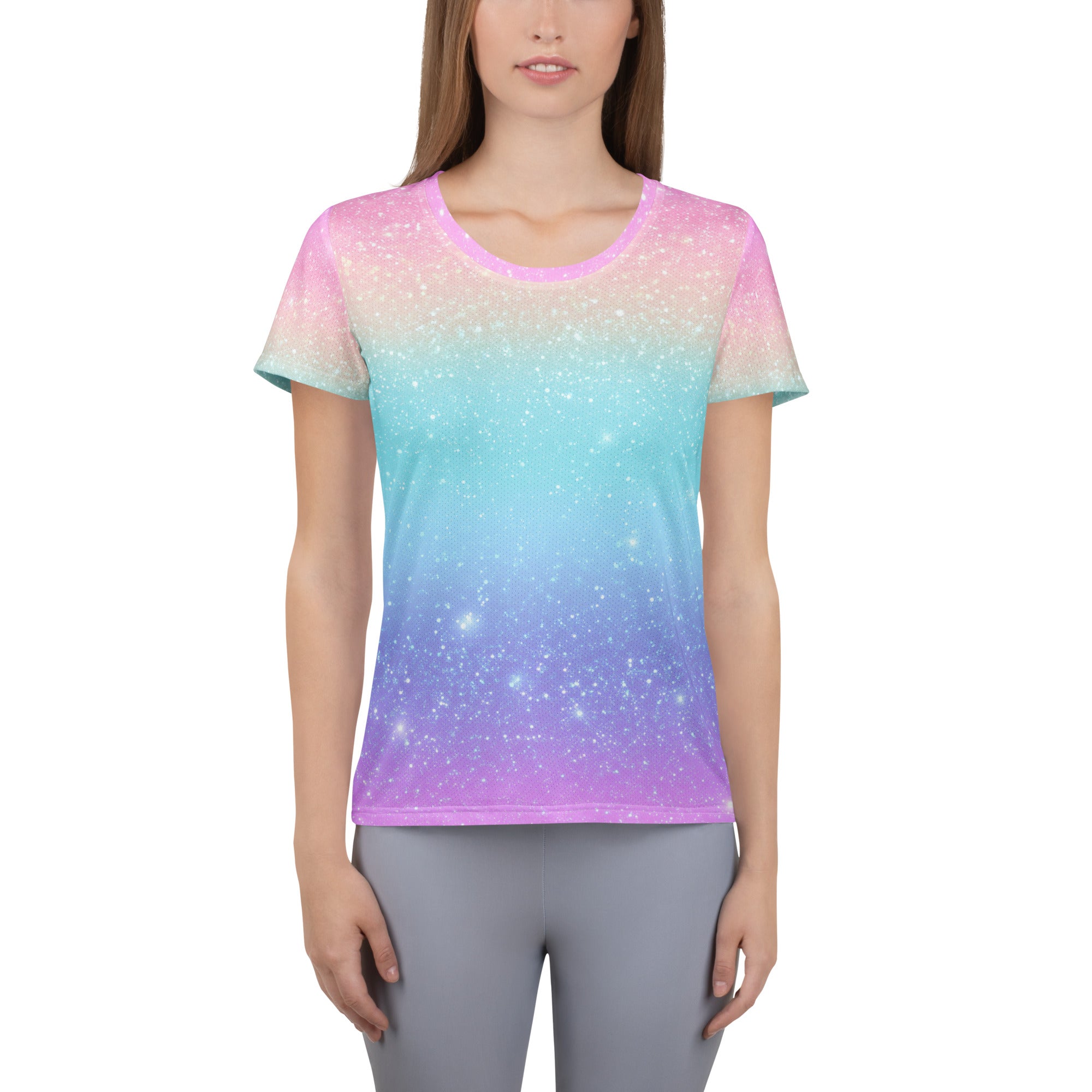 Women’s Faux Sparkle Effect Athletic T-Shirt - Lightweight Moisture Wicking Workout Top With UPF 50+
