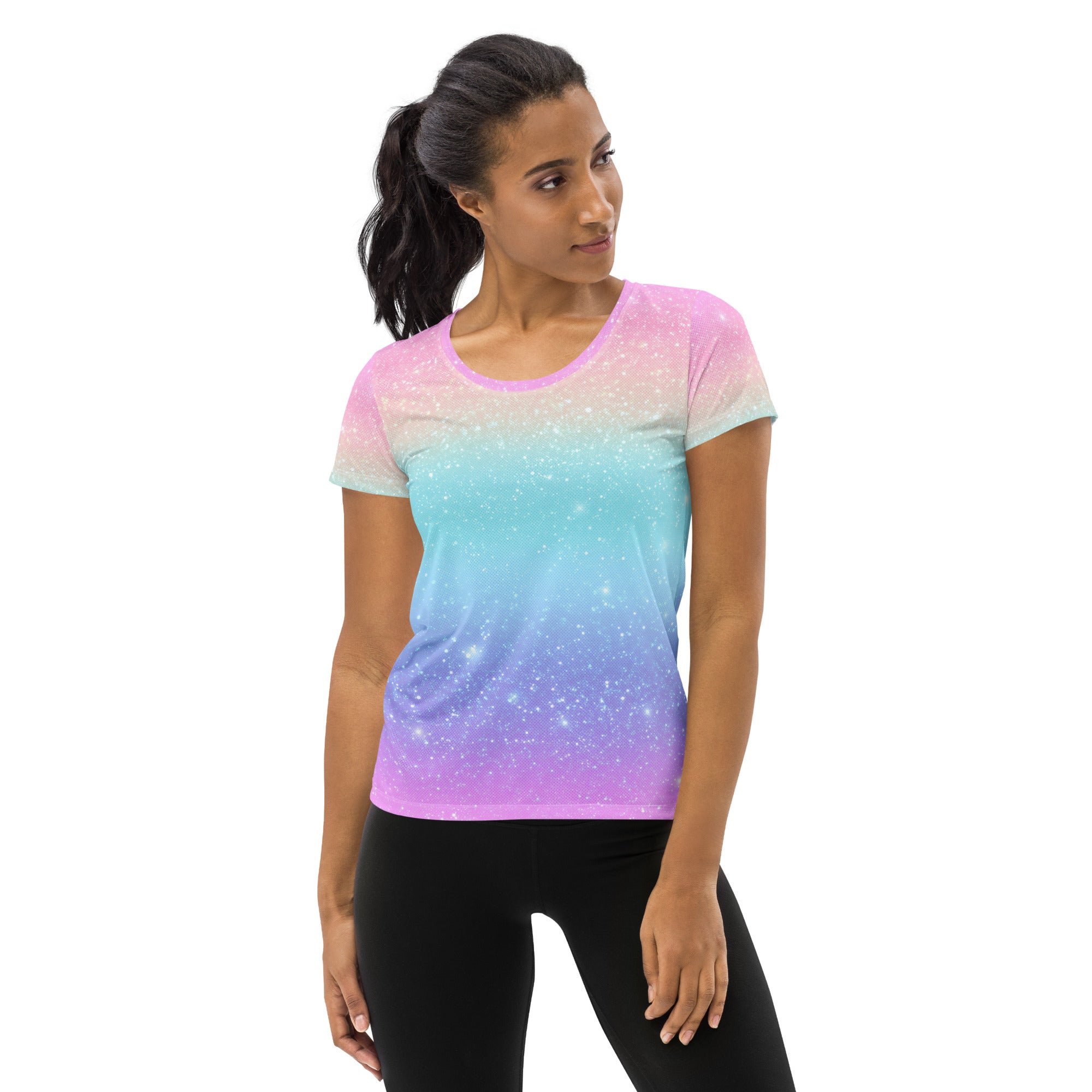 Women’s Faux Sparkle Effect Athletic T-Shirt - Lightweight Moisture Wicking Workout Top With UPF 50+