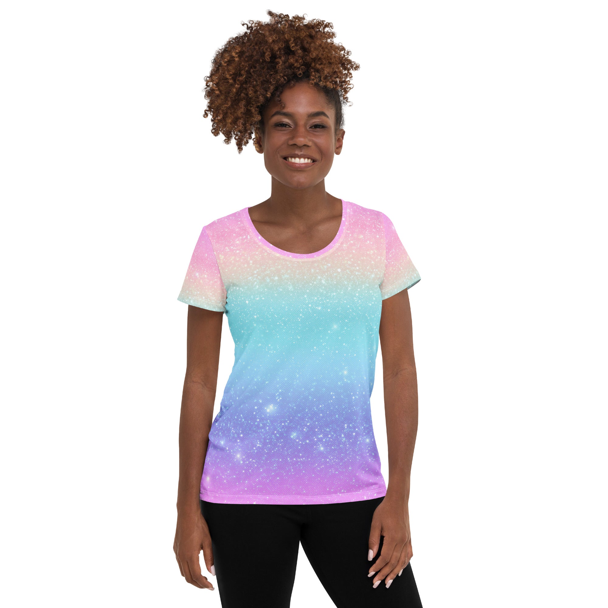Women’s Faux Sparkle Effect Athletic T-Shirt - Lightweight Moisture Wicking Workout Top With UPF 50+
