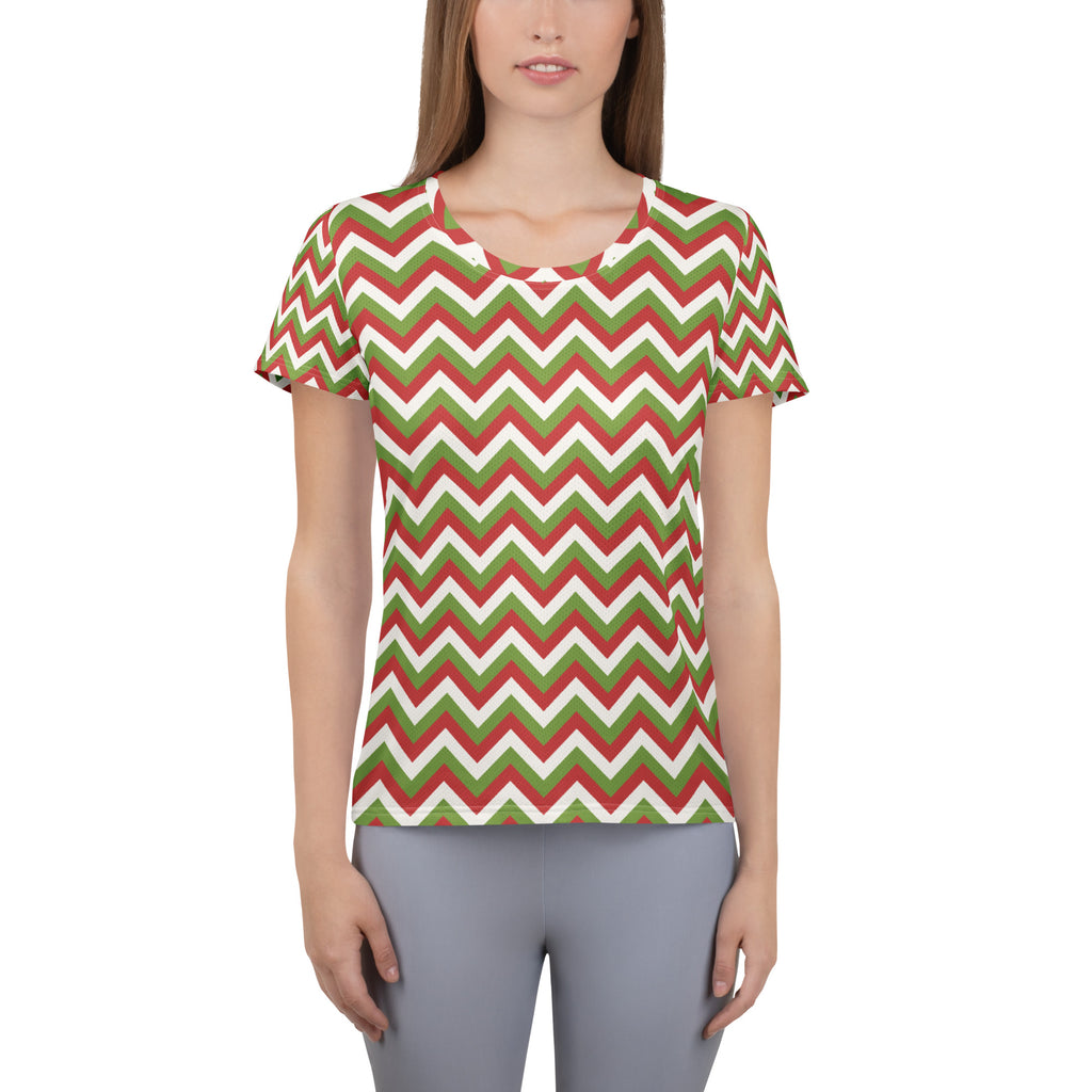Women’s Christmas Chevron Athletic T-Shirt - Lightweight Moisture Wicking Workout Top With UPF 50+
